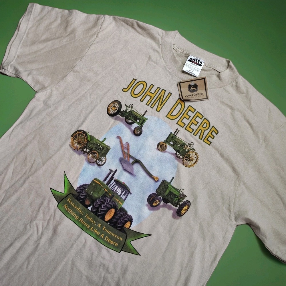 John‎ Deere T-Shirt Mens Size L Tan Tractor Models Yesterday Today Tomorrow Vtg